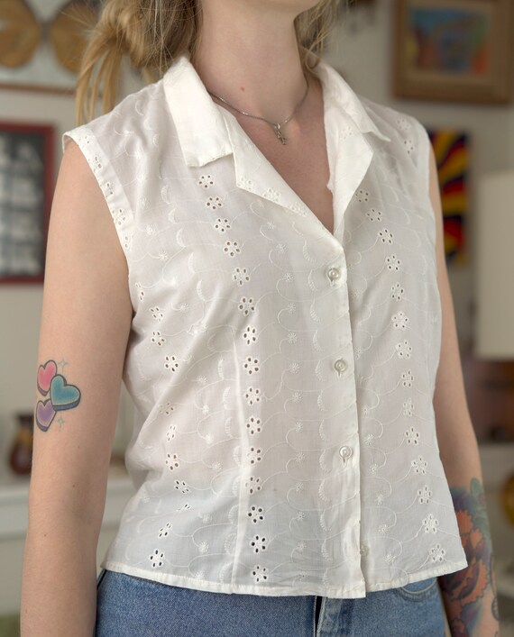 White Sleeveless Eyelet Button Down Blouse