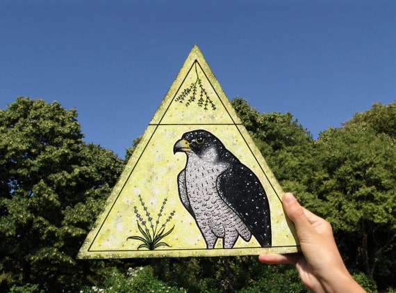 Peregrine Falcon Spirit Guidewood Wall Hanginghand Drawn Animal Illustrationyellow Artaltar Decorationshamanismair Elementtriangle