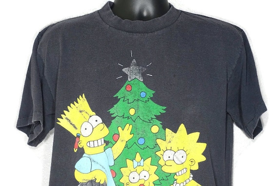 1990 RARE The Simpsons Christmas Tree - Bart Lisa Maggie Christmas Presents - Matt Groening Vintage Cult Cartoon TV Show Promotional T-Shirt