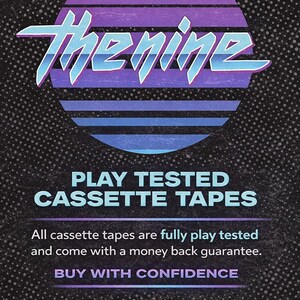 May include: Retro-style graphic with the word "Thenine" in a stylized font, set against a purple and blue striped background. Text below reads "PLAY TESTED CASSETTE TAPES". The background is black with a dotted pattern.