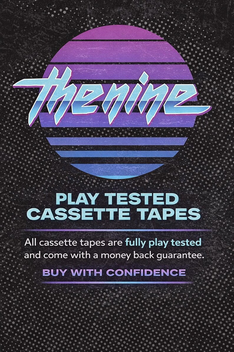 May include: Retro-style graphic with the word "Thenine" in a stylized font, set against a purple and blue striped background. Text below reads "PLAY TESTED CASSETTE TAPES". The background is black with a dotted pattern.