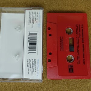 May include: A red cassette tape and its clear plastic case are displayed. The cassette tape is labeled "THE PROMISE RING NOTHING FEELS GOOD." The case has a tracklist and a barcode. The cassette is a vintage music format.