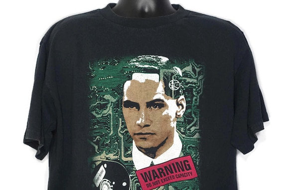 1995 Johnny Mnemonic - Keanu Reeves - Warning Do Not Exceed Capacity - Double Sided Cult 90s Movie Vintage T-Shirt