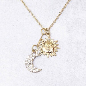 SUN & CRESCENT MOON Gold Pendant Necklace| Celestial Necklace|Gold Delicate Necklace| Layering Necklace|Gold Sun and Moon Necklace