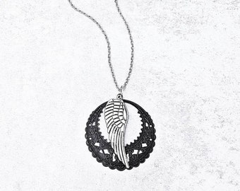 Silver Angel Wing Pendant Black Filigree Pendant Necklace| Long Silver Cable Chain Pendant Necklace| Symbolic Pendant Chain Necklace