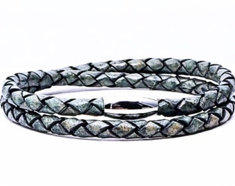 Braided Leather Wrap Bracelet | Antique Green Bolo Cord, Stainless Steel Clasp