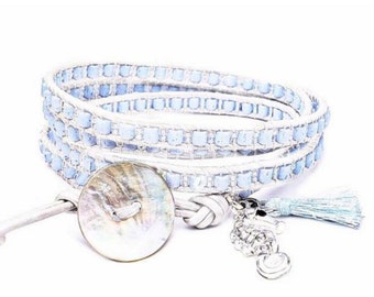 Oh, them “Baby Blues” Wrap Bracelet| Pearlized White Greek Leather Four Wrap Bracelet| Baby Blue Miyuki Delicas Four Wrap