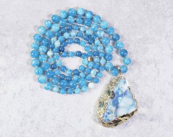 BLUE DRUZY STONE Pendant Necklace| Blue Lace Agate Gemstone Necklace| Turquoise Blue Gold Druzy Stone Pendant Beaded Necklace