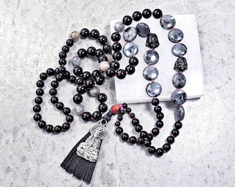 STRENGTH + SUCCESS + PROTECTION Hand Knotted 108 Bead Mala Necklace| Black Tourmaline| Laboradorite| Pink Crazy Lace Agate| Silver Buddha