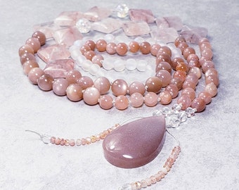 INTUITION + HARMONY 108 Bead Mala Necklace| Hand Knotted Mala Necklace| Peach Moonstone Pendant| Crystal Quartz Moonstone Mala