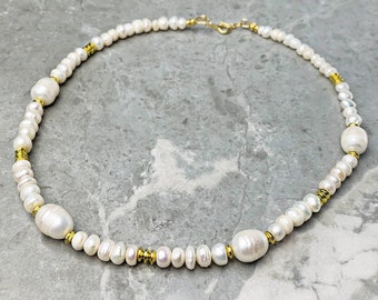 Tour de cou PERLE D'EAU DOUCE BAROQUE | Collier de perles d'eau douce et de perles d'or | Tour de cou en perles d'eau douce