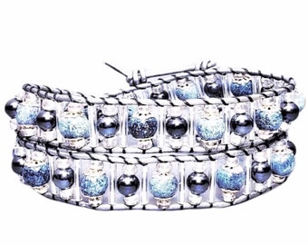 METALLIC DENIM Bracelet| Metallic Silver Leather Double Wrap Bracelet| Denim Blue Porcelain Silver Hematite Gemstone Wrap