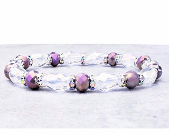 Lavender Aurora Borealis Iridescent Crystal Bead Bracelet| Swarovski Crystal Rhinestone Rings Iridescent Crystal Bead Bracelet