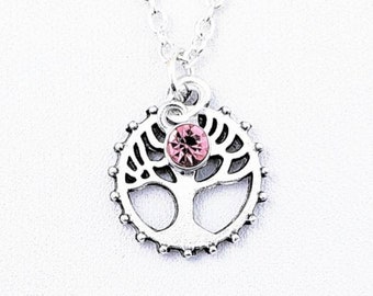 Collar de peltre plateado con el árbol de la vida y dije de piedra natal, cadena de acero inoxidable.