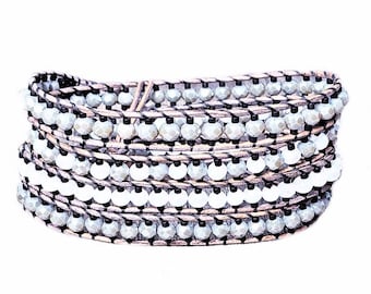 Four Wrap Leather Bracelet| Neutral Color Czech Crystal Wrap Bead Bracelet| Boho Wrap Bracelet| Brown Leather Wrap Bracelet