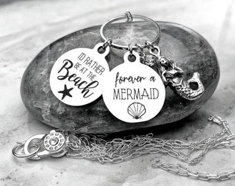 BEACH VIBE Necklace| Silver Stainless Steel I'd Rather Be at the Beach & Forever a Mermaid Charm Pendant Necklace| Silver Mermaid Charm