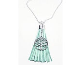 Mint Green Suede Tassel Pendant Necklace Long Silver Pendant Necklace Silver Tree of Life Pendant Necklace Symbolic Meaningful Necklace