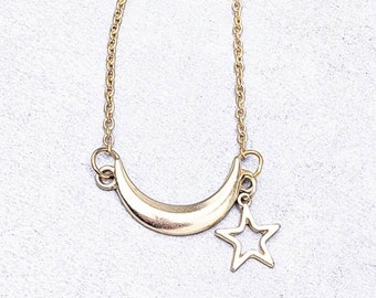 Crescent Moon & Star Delicate Necklace| Gold Celestial Necklace| Gold Layering Necklace| Moon Necklace| Star Necklace