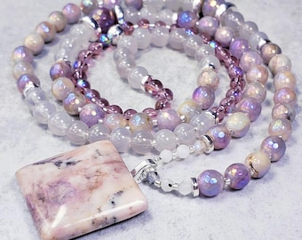 ARMONÍA + CURACIÓN + PROTECCIÓN Collar Mala de 108 cuentas / Mala de ágata brasileña / Mala de jade lavanda de titanio / Mala de piedra lunar azul
