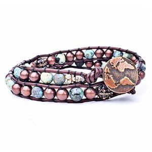 BOHO RUSTIC STONE Double Wrap Bracelet| Matte African Turquoise Copper Gemstone Double Wrap Bracelet| Copper Leather Double Wrap