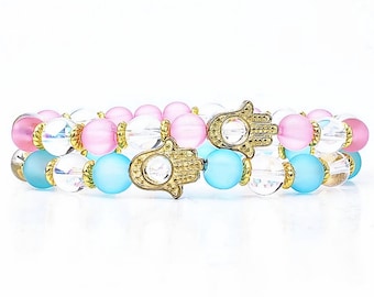 Hamsa Seaglass Crystal Quartz Bracelet | Evil Eye Protection