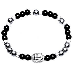 Silver Buddha Bracelet| Black Onyx Silver Hematite Hexagon Gemstone Bracelet| Stretch Bead Bracelet| Stackable Bracelet| Spiritual Bracelet