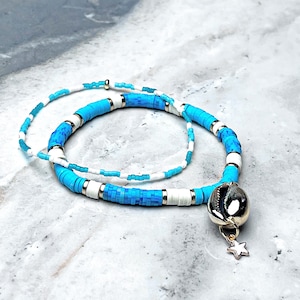 Blue And White African Polymer Clay Heishi Beads Two Bracelet Stack| Blue White Seed Beads| Gold Plated Cowrie Shell Charm| Star Charm