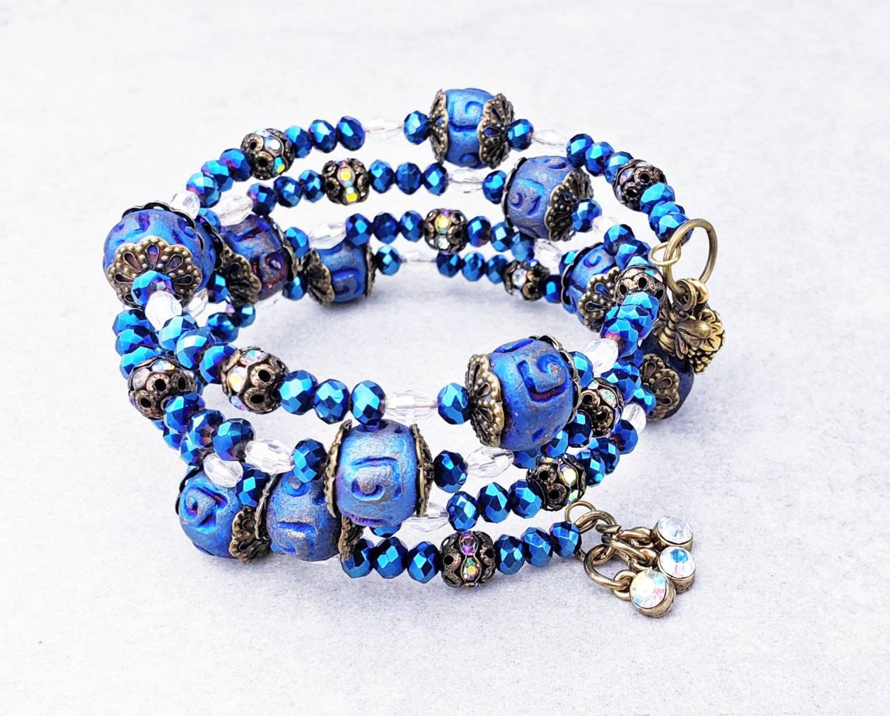 Four Wrap Memory Wire Beaded Bracelet Sapphire Blue Crystal Etsy