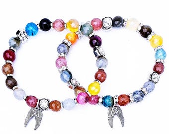 Pulseira de Ágata com Asa de Anjo Prateada | Pulseira de Contas Coloridas