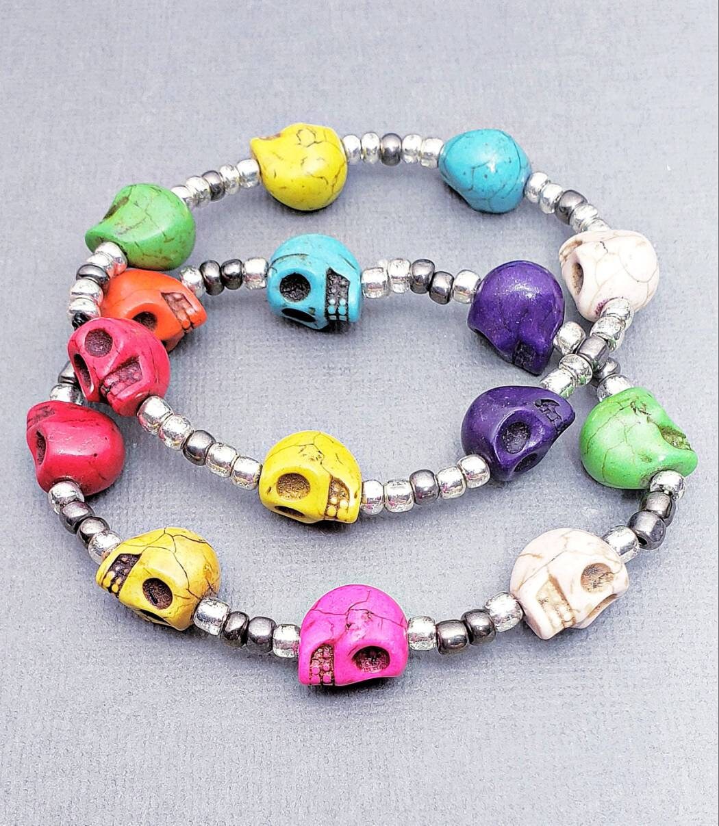 Skull Bracelet Multicolored Skull Bead Bracelet Gemstone Etsy