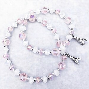 Paris Love Gift Set| Mother Daughter Eiffel Tower Charm Bracelets Set| Pink White Crystal Beaded Bracelet Silver Eiffel Tower Necklace Set