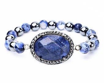 Blue Sodalite Bracelet | Pavé CZ Gemstone, Silver Hematite