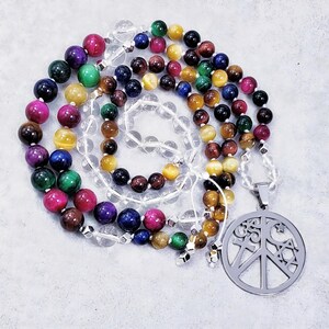 COEXISTENCE + COURAGE + AWARENESS Mala| 108 Bead Mala| Handknotted Mala| Rainbow Tiger Eye| Crystal Quartz| Silver Coexist Medallion Mala