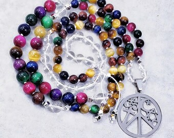 COEXISTENCE + COURAGE + AWARENESS Mala| 108 Bead Mala| Handknotted Mala| Rainbow Tiger Eye| Crystal Quartz| Silver Coexist Medallion Mala