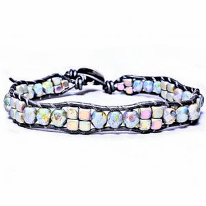 IRIDESCENT STONE Wrap Bracelet| Metallic Silver Greek Leather Wrap Bracelet| Aurora Borealis Hematite Cube Gemstone Wrap Bracelet