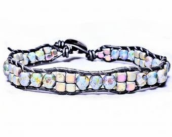 IRIDESCENT STONE Wrap Bracelet| Metallic Silver Greek Leather Wrap Bracelet| Aurora Borealis Hematite Cube Gemstone Wrap Bracelet