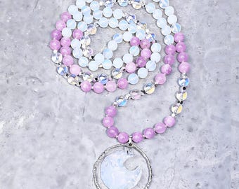 STRENGTH + PROTECTION Moon Mala Necklace| Angel Aura Crystal Crescent Moon Pendant Mala| Lavender Jade Crystal Quartz Opalite Mala