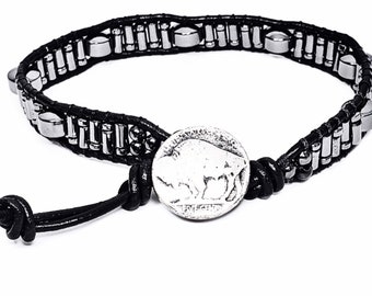 SILVER STONE Wrap Bracelet| Black Greek Leather Wrap Bracelet| Silver Hematite Gemstone Black Leather Wrap Bracelet