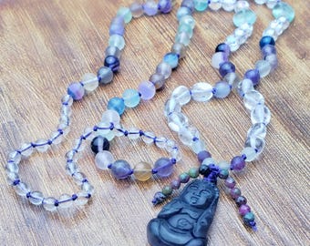 Hand Knotted Fluorite Mala Necklace | Buddha Pendant