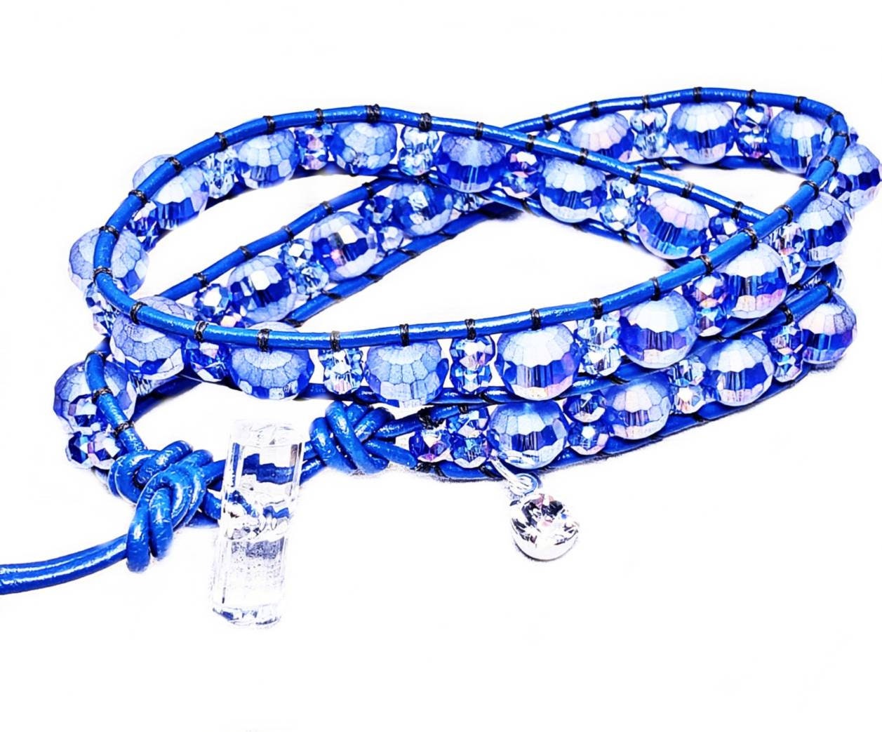 Double Wrap Leather Bracelet Blue Crystal Wrap Bracelet Etsy