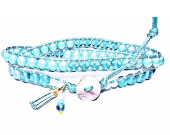 Blue Jade Double Wrap Bracelet | Czech Crystal, Mother of Pearl Button
