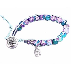 Amethyst Teal Fire Agate Wrap Bracelet | Tree of Life, Buddha Charm