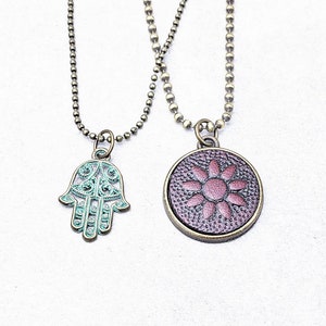 Bronze Turquoise Patina Hamsa Hand Charm Necklace| Hamsa Evil Eye Pendant Necklace| Delicate Bronze Necklace| Symbolic Protection Necklace