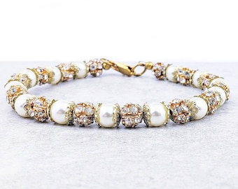 Ivory Swarovski Crystal Pearl Bracelet| Gold Rhinestone Ivory Pearl Bracelet| Pearl Rhinestone Beaded Bracelet| Stackable Bracelet