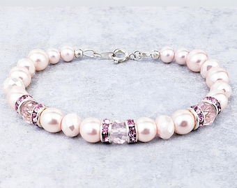 Pink Pearl Bracelet | Swarovski Crystal, Rhinestone Rose