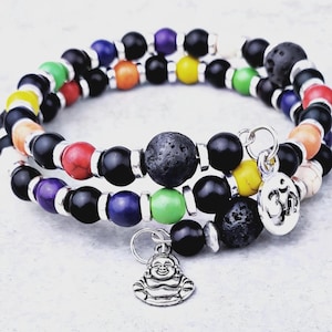 7 Chakra Lava Stone Wrap Bracelet | Silver Buddha Om Charms