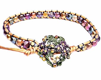 Boho Leather Wrap Bracelet | Czech Crystal Beads, Floral Bronze Button