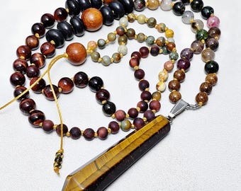 Tiger Eye Prism Pendant Mala Necklace | Hand-Knotted 108 Bead Prayer Beads