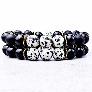 Gemstone Diffuser Bracelet Set | Dalmatian Jasper, Black Obsidian, Lava Stone