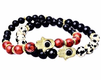 Gold Hamsa Black Onyx & Jasper Beaded Bracelet Set